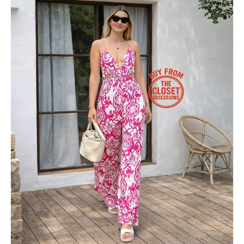 Zara NWT Pink White Cutout Wide Leg Jumpsuit M
